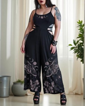 Mystic Luna Moths Plant Printed Plus Size Halter Cut-off Jumpsuit