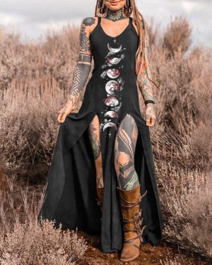 Ancient Luna Retro Pattern Print Slit  Cotton Dress