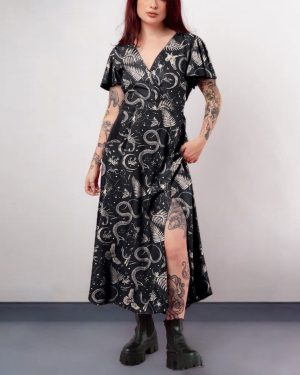 Mystic Snakes Fern Forest Creatures Printed Ruffle Sleeves Midi Dress