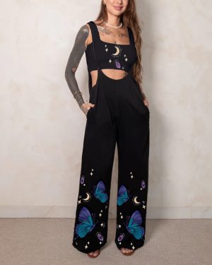 Purple Fairyland Butterfly God and Purple Diamond Printed Overalls Two-Piece Set