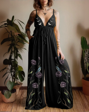Silver Moon Phase Purple Floral Bird Printed V-neck Jumpsuit
